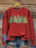 Christmas Tree Art Print Casual Cotton Sweatshirt Red / S