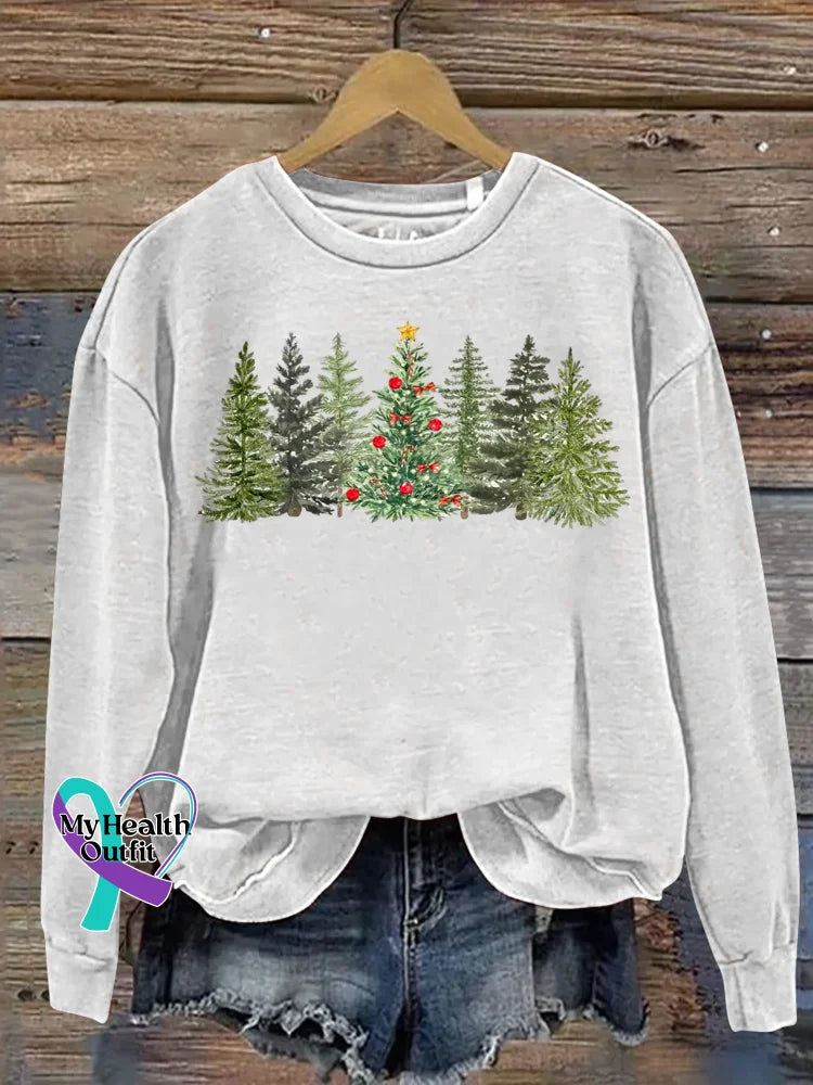 Christmas Tree Art Print Casual Cotton Sweatshirt White / S