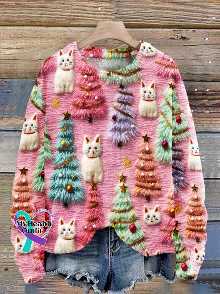 Christmas Tree Cute Cat 3D Print Knit Pullover Sweater Multicolor / S