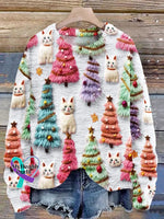Christmas Tree Cute Cat 3D Print Knit Pullover Sweater White / S