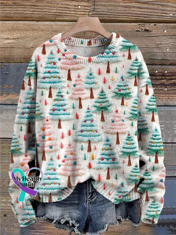 Christmas Tree Pink Colorful Print Knit Pullover Sweater Multicolor / S