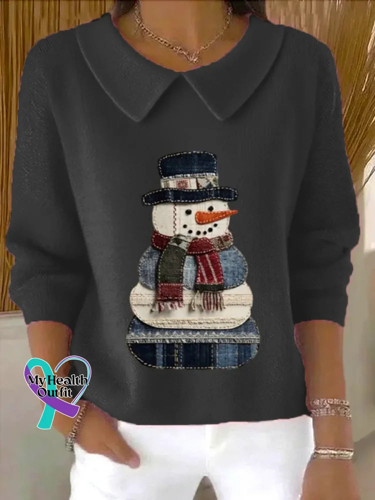 Christmas Vintage Snowman Art Print Casual Peter Pan Collar 3/4 Sleeve Sweat Black / S