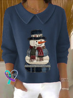 Christmas Vintage Snowman Art Print Casual Peter Pan Collar 3/4 Sleeve Sweat Blue / S
