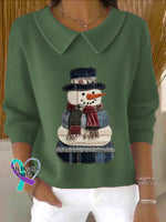 Christmas Vintage Snowman Art Print Casual Peter Pan Collar 3/4 Sleeve Sweat Green / S