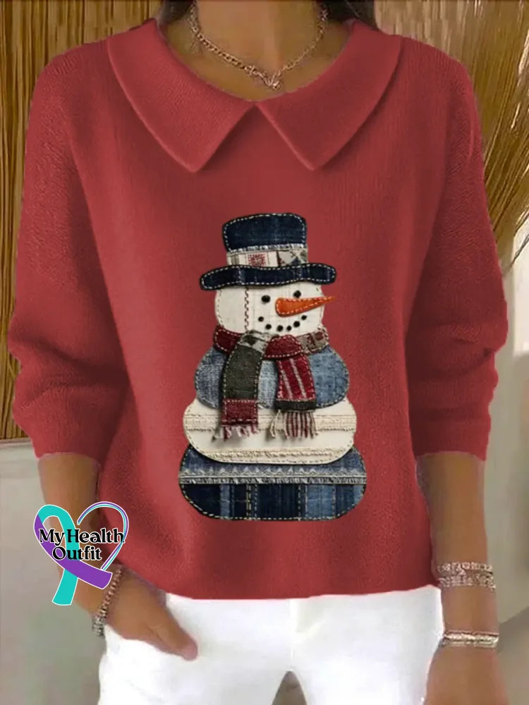 Christmas Vintage Snowman Art Print Casual Peter Pan Collar 3/4 Sleeve Sweat Red / S