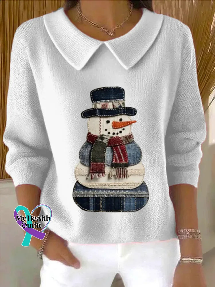 Christmas Vintage Snowman Art Print Casual Peter Pan Collar 3/4 Sleeve Sweat White / S