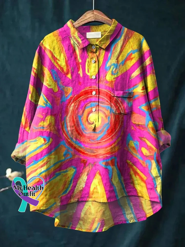 Color Art Print Linen Casual Button Shirt Multicolor / S