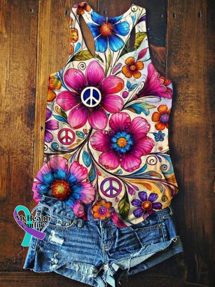 Colorful Peace Flower Print Casual Tank Top Multicolor / S