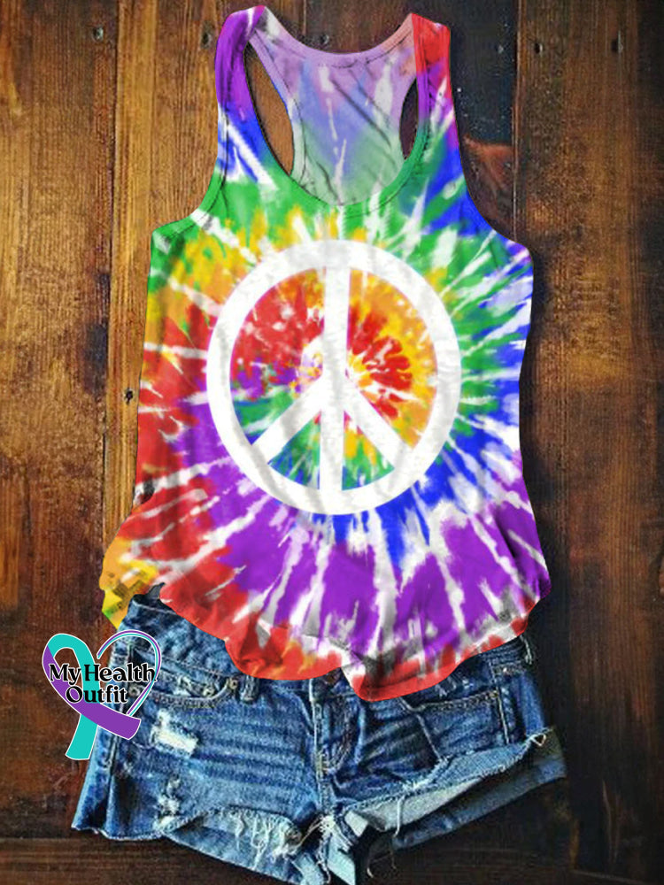 Colorful Tie-Dye and Peace Print Casual Tank Top Multicolor / S