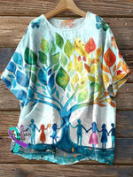 Colorful Tree Peace Print Casual Round Neck Cotton Linen Top Multicolor / S