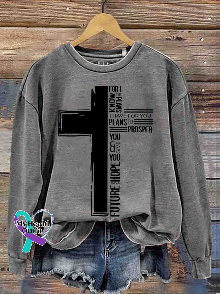 Cross Art Vintage Print Casual Sweatshirt Grey / S