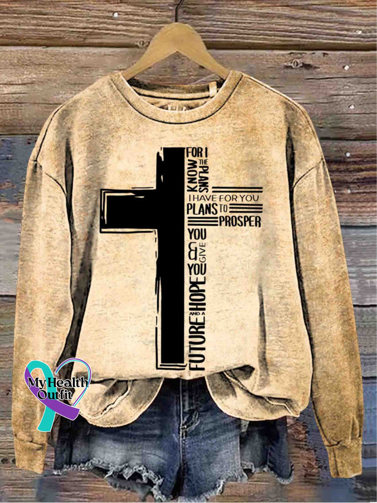 Cross Art Vintage Print Casual Sweatshirt Khaki / S