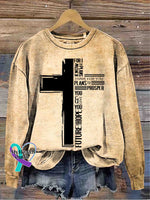 Cross Art Vintage Print Casual Sweatshirt Khaki / S