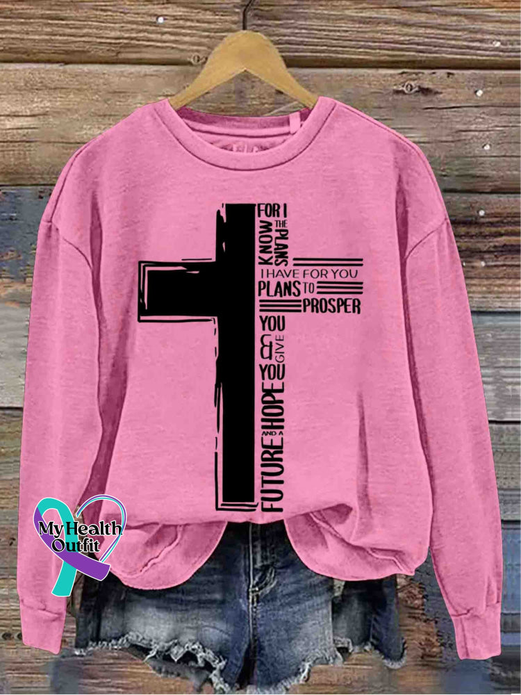 Cross Art Vintage Print Casual Sweatshirt Pink / S