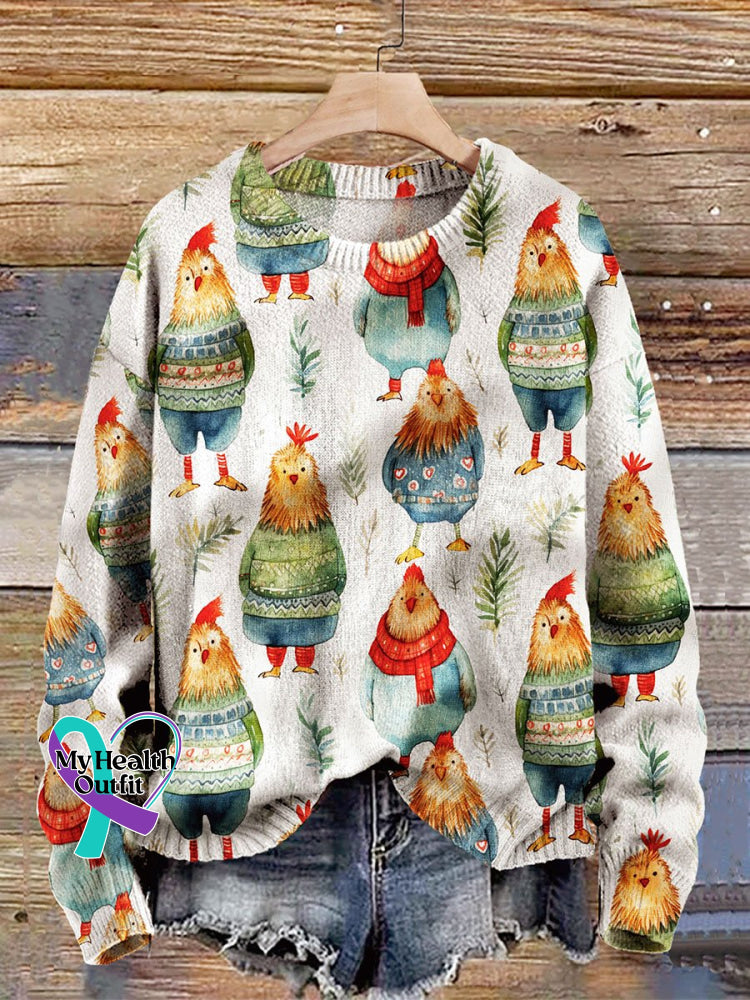 Cute Chickens In Sweaters Art Print Knit Pullover Sweater Multicolor / S
