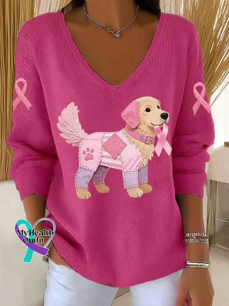 Cute Dog Breast Cancer Awareness Art Casual Pullover Sweater Pink / S