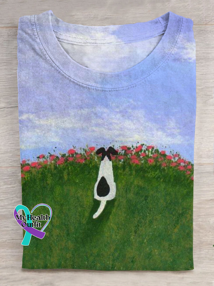 Cute Healing Art Dog Print Casual T-Shirt Multicolor / S