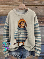 Cute Winter Dog Art Pattern Print Casual Knit Pullover Sweater Khaki / S