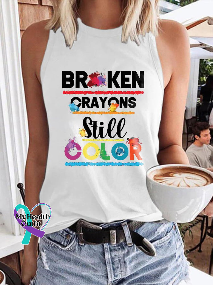 Depression Awareness Suicidie Prevention Broken Crayons Still Color Print Tank Top White / S