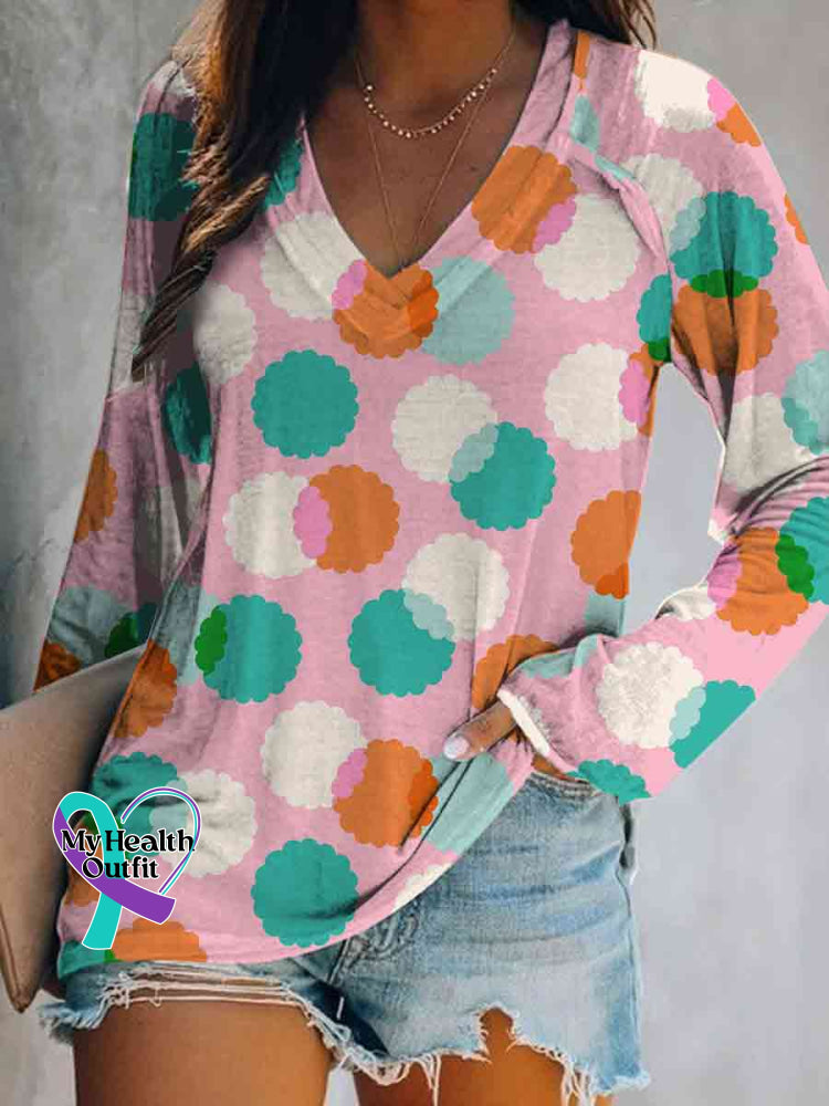 Dots Print V-Neck Long Sleeve Pullover Multicolor / S