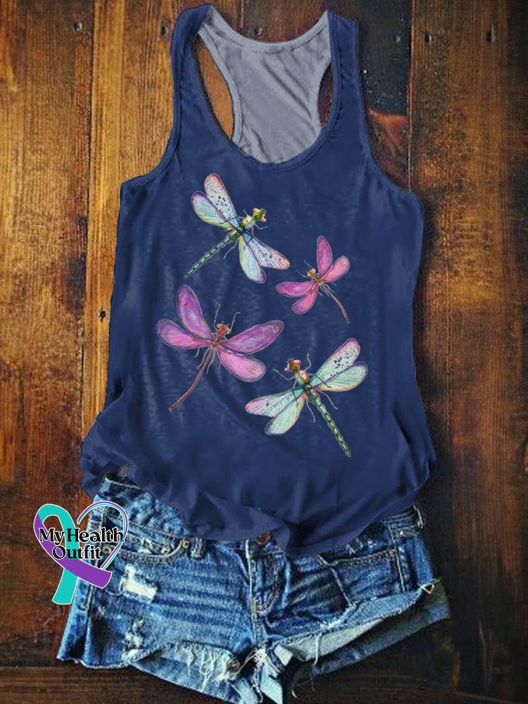 Dragonfly Print Casual Tank Top Multicolor / S