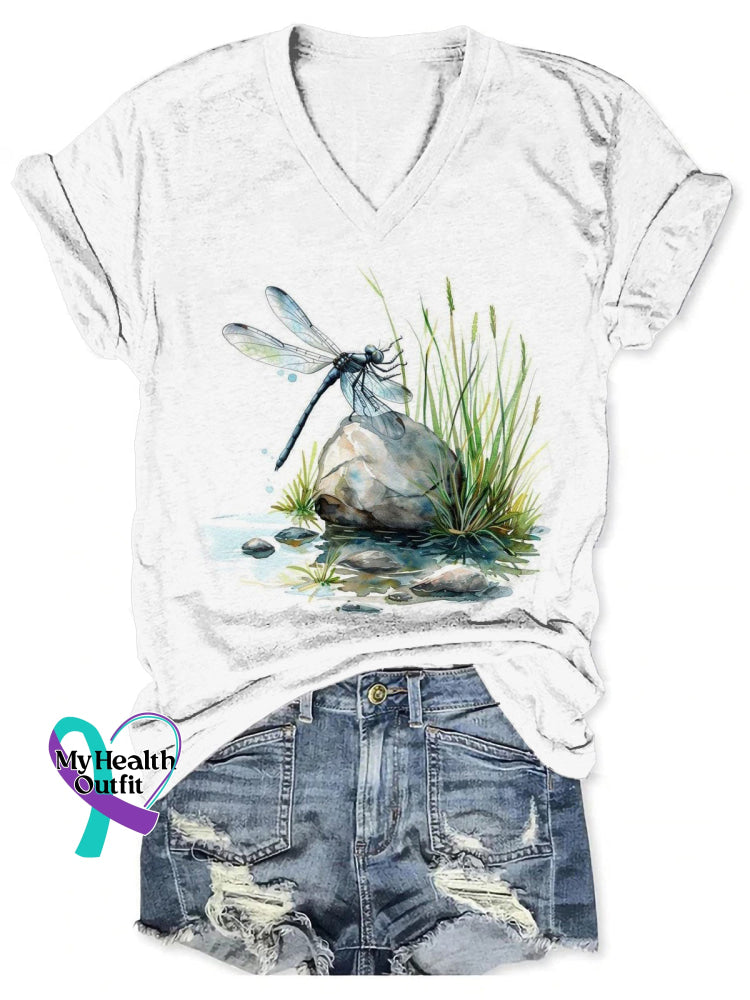 Dragonfly Vintage Art Print V-neck T-shirt White / S