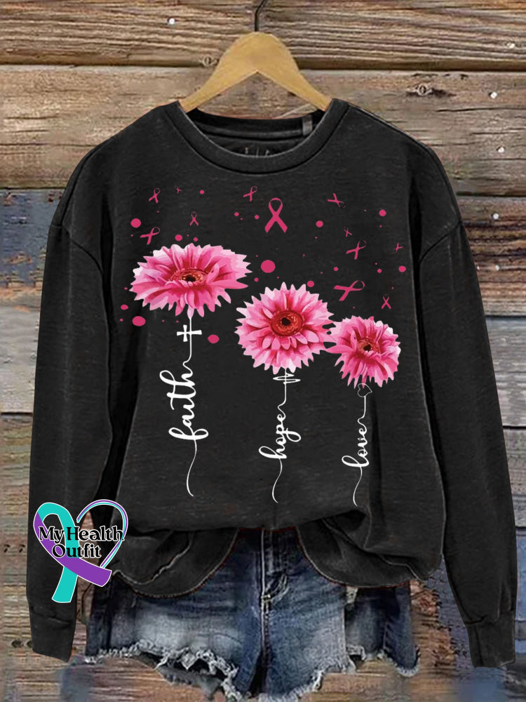 Faith Hope Love Breast Cancer Awareness Print Casual Sweatshirt Black / S