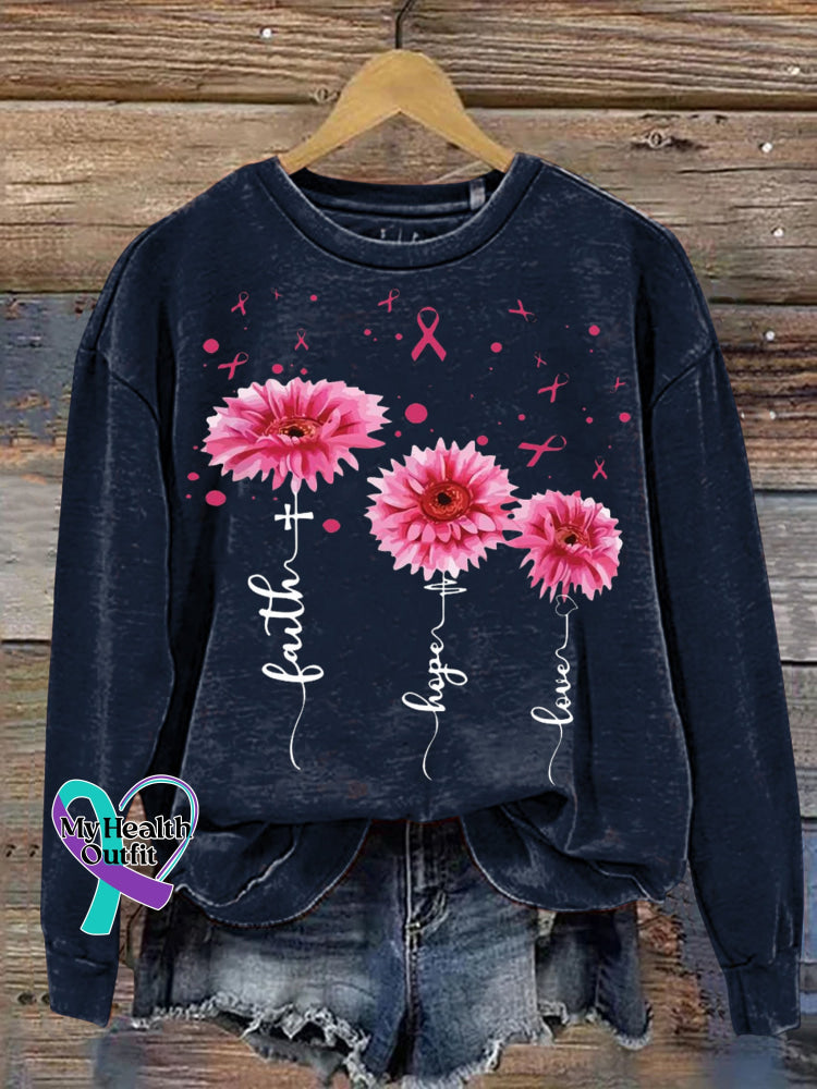 Faith Hope Love Breast Cancer Awareness Print Casual Sweatshirt Blue / S