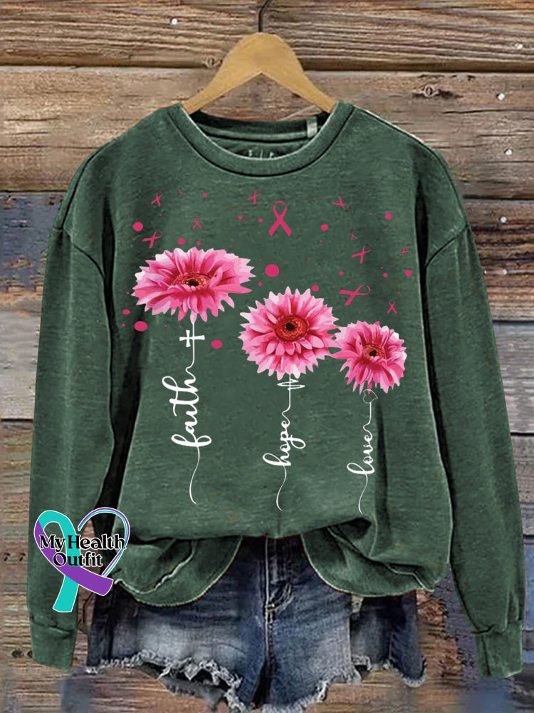 Faith Hope Love Breast Cancer Awareness Print Casual Sweatshirt Green / S