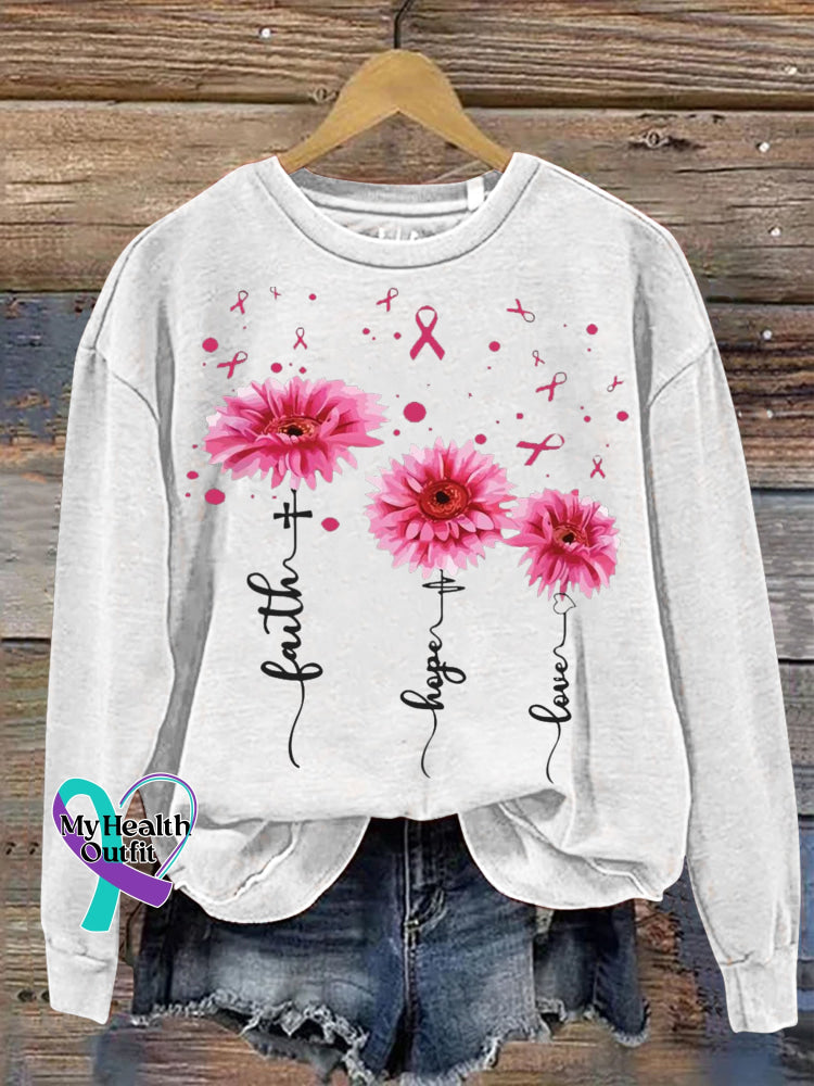 Faith Hope Love Breast Cancer Awareness Print Casual Sweatshirt White / S