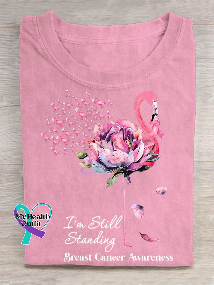 Flamingo I’m Still Standing Floral Breast Cancer Awareness T-Shirt Pink / S
