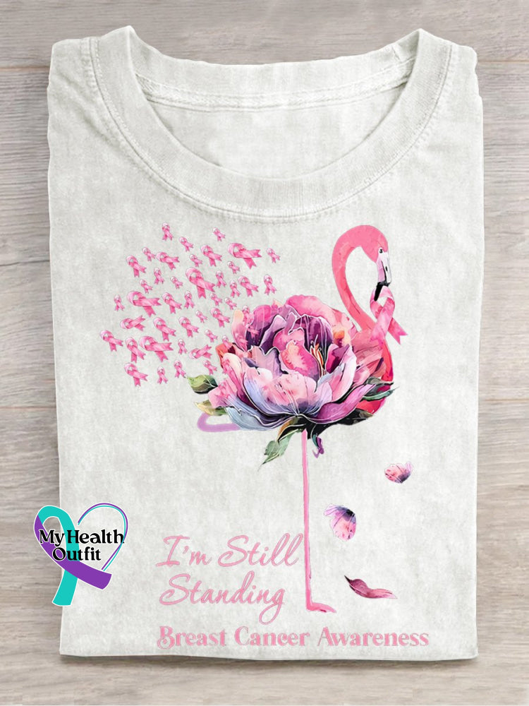 Flamingo I’m Still Standing Floral Breast Cancer Awareness T-Shirt White / S