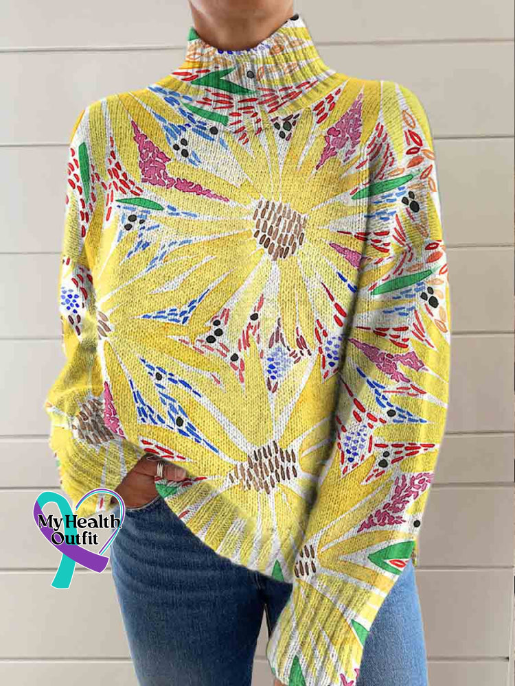 Flora Art Print Turtleneck Pullover Sweater Multicolor / S