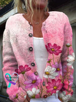 Floral Breast Cancer Awareness Print Buttoned Cardigan Sweater Multicolor / S