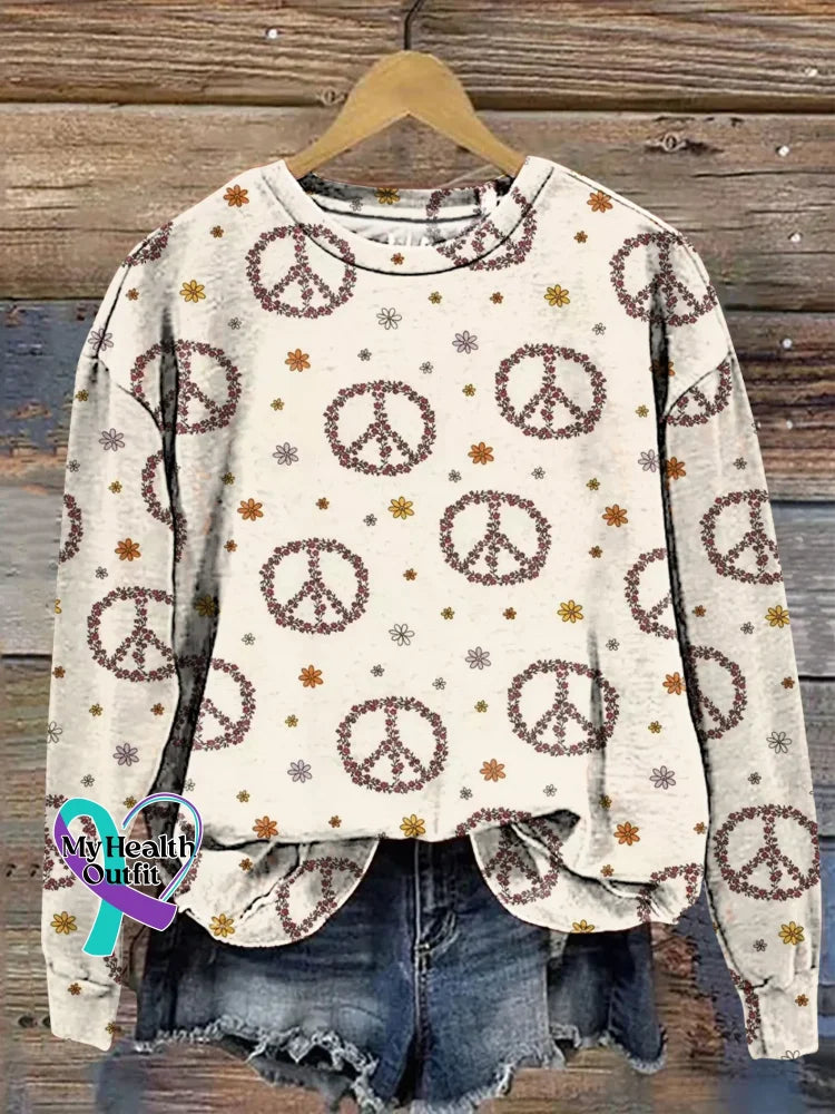 Floral Peace Sign Print Casual Sweatshirt Multicolor / S