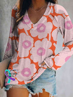 Floral Valentine’s Day Print V-Neck Long Sleeve Pullover Pink / S