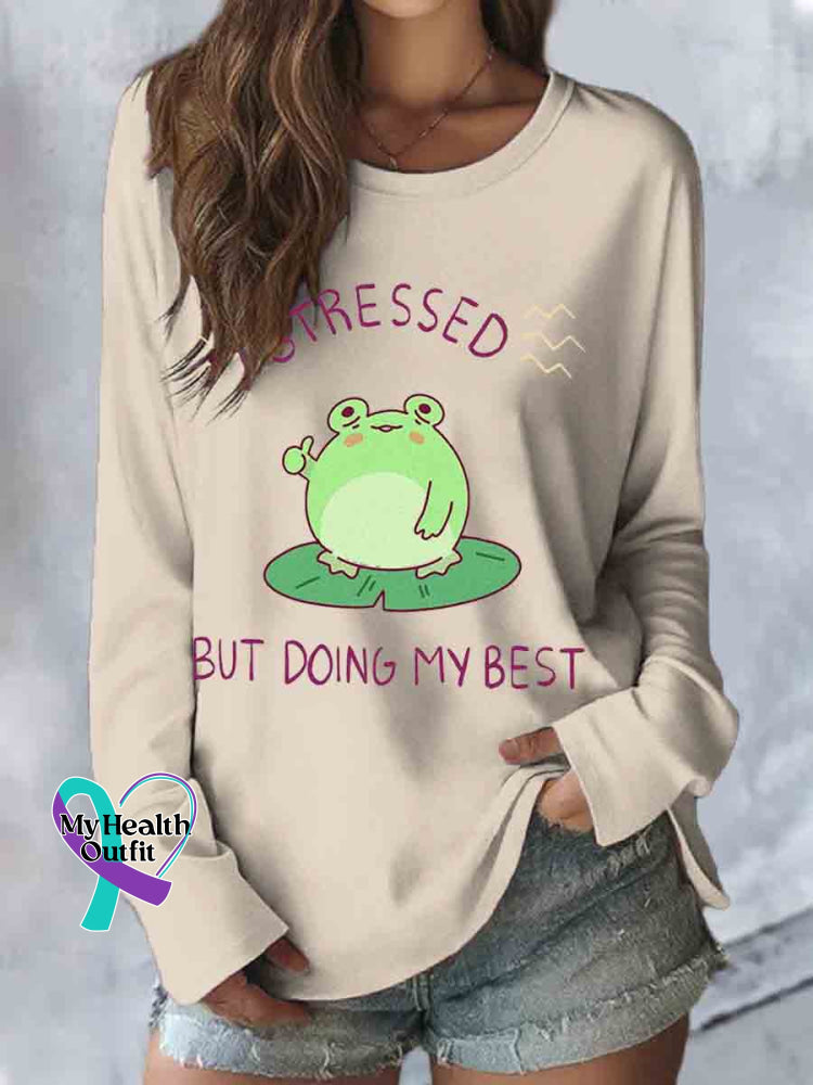 Funny Frog Stressed But Doing My Best Print Casual Long Sleeve Top Apricot / S