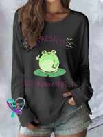 Funny Frog Stressed But Doing My Best Print Casual Long Sleeve Top Black / S