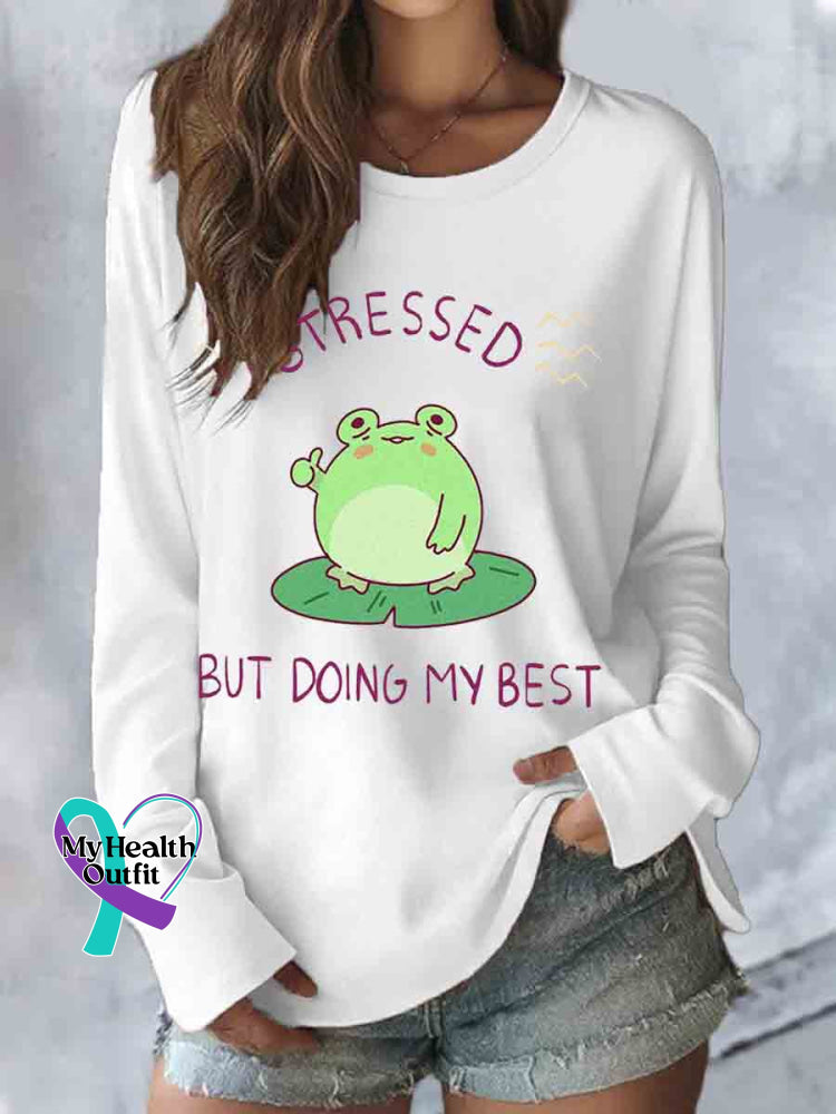Funny Frog Stressed But Doing My Best Print Casual Long Sleeve Top White / S
