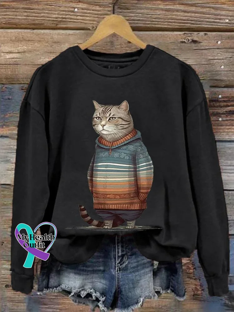 Funny Vintage Cat Art Print Casual Sweatshirt Black / S