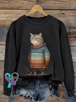 Funny Vintage Cat Art Print Casual Sweatshirt Black / S