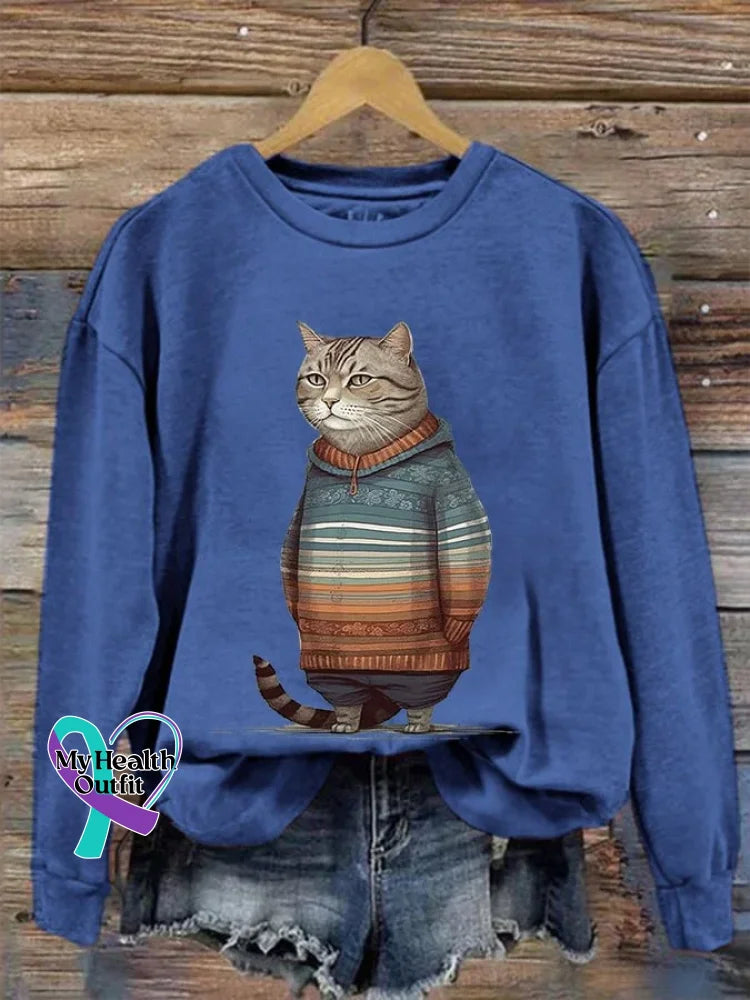 Funny Vintage Cat Art Print Casual Sweatshirt Blue / S
