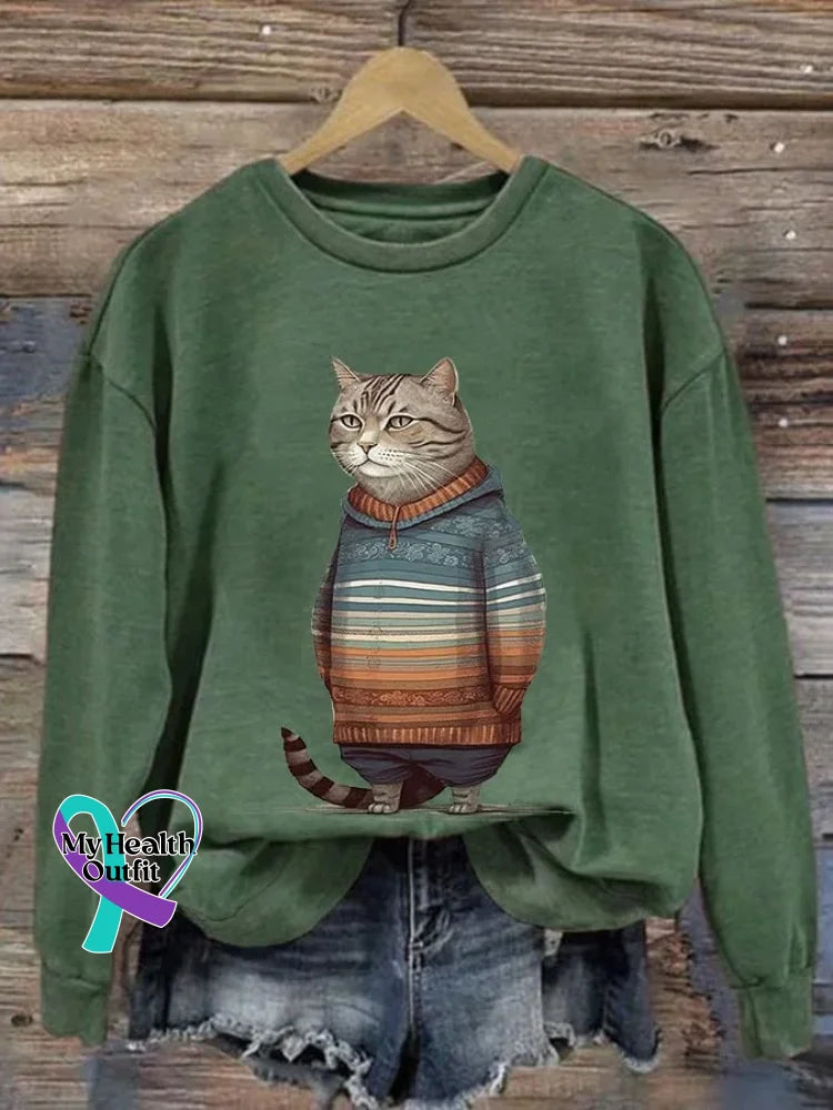 Funny Vintage Cat Art Print Casual Sweatshirt Green / S