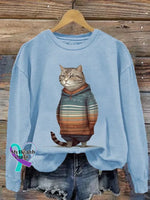Funny Vintage Cat Art Print Casual Sweatshirt LightBlue / S
