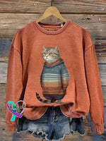 Funny Vintage Cat Art Print Casual Sweatshirt Orange / S