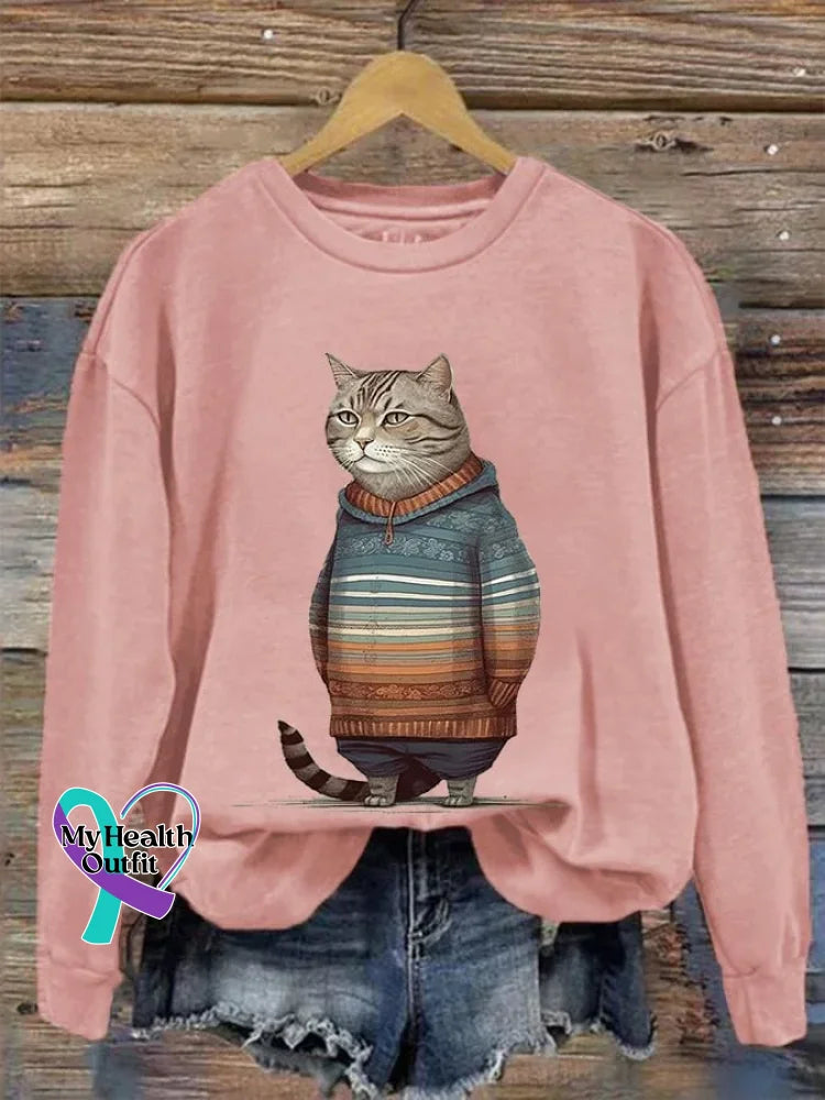 Funny Vintage Cat Art Print Casual Sweatshirt Pink / S