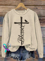 God Blessed Art Vintage Print Casual Sweatshirt Apricot / S