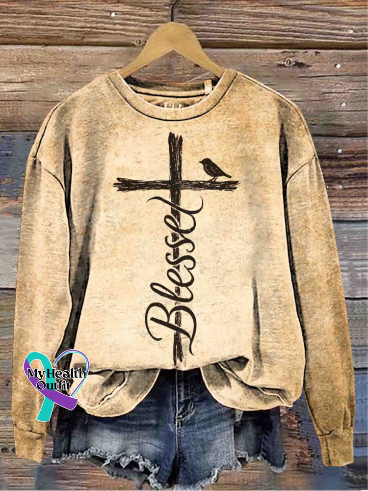 God Blessed Art Vintage Print Casual Sweatshirt Khaki / S