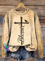 God Blessed Art Vintage Print Casual Sweatshirt Khaki / S