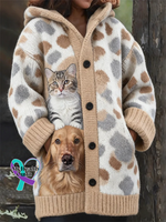 Golden Retriever Dog & Tabby Cat Best Friends Knit Cozy Hooded Cardigan Multicolor / S